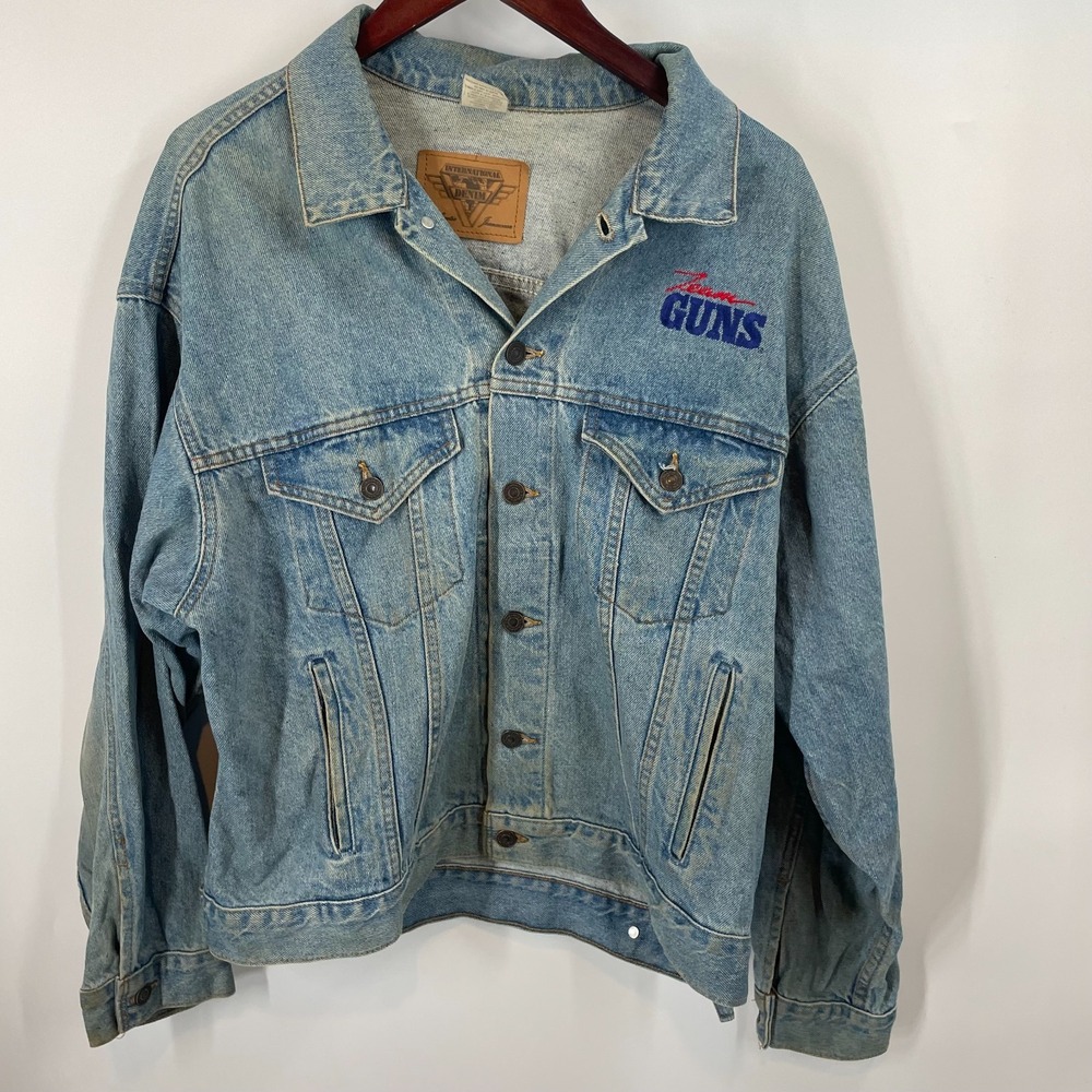 Vintage 90s International Denim Team GUNS Logo Button Trucker Jacket Blue XL